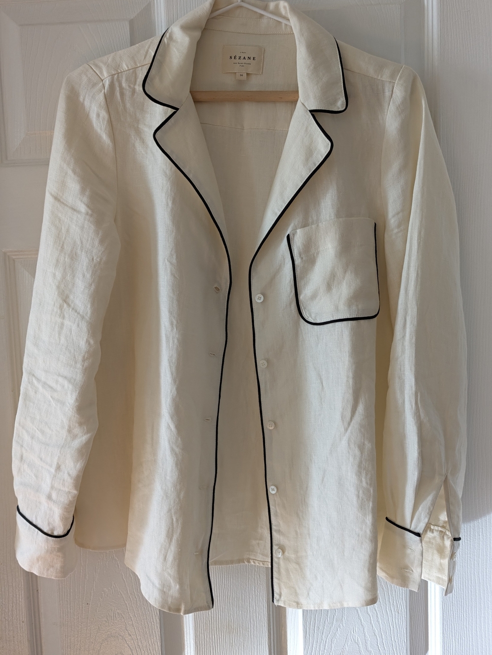 Women's Cream Button-Up Linen Jacket with Black Piping